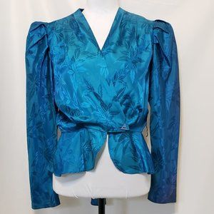 Vintage Late-80s  Royal Blue Damask Chic Blazer Blouse with Flared Peplum Waist